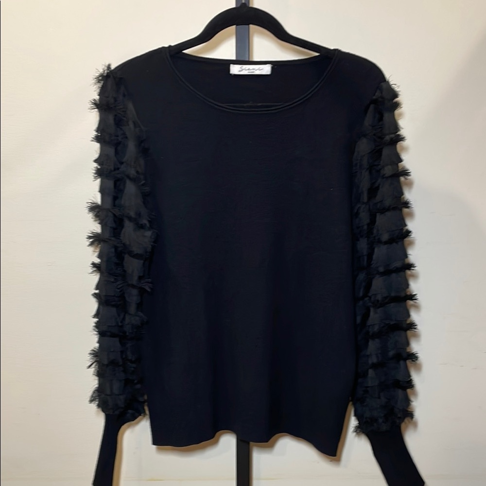 Sioni Black Knit Top with Fringe Sleeves